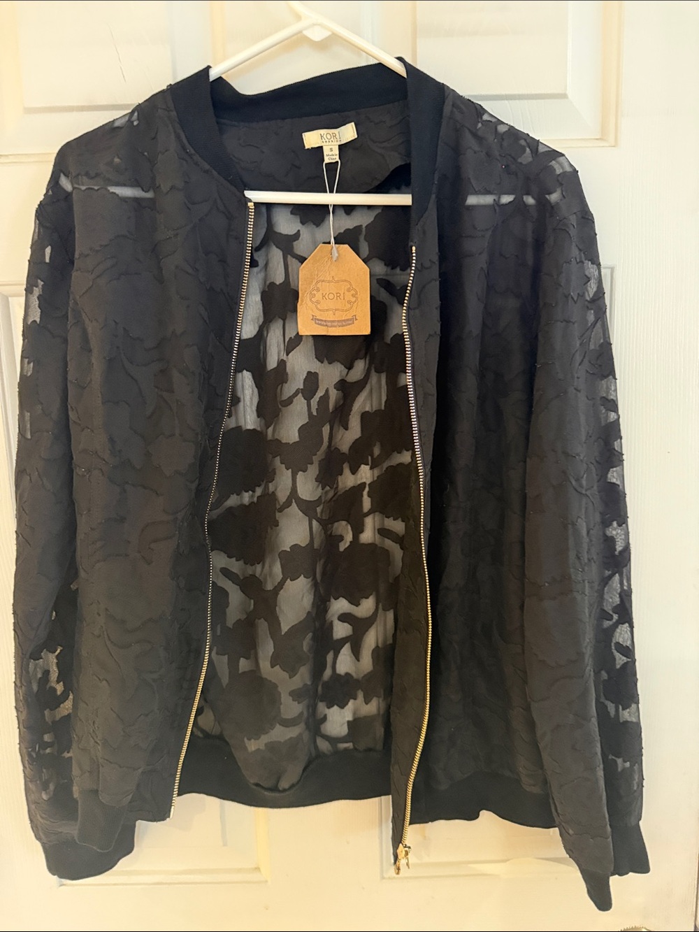 NWT Kori Sheer Black Embroidered Bomber Jacket Small